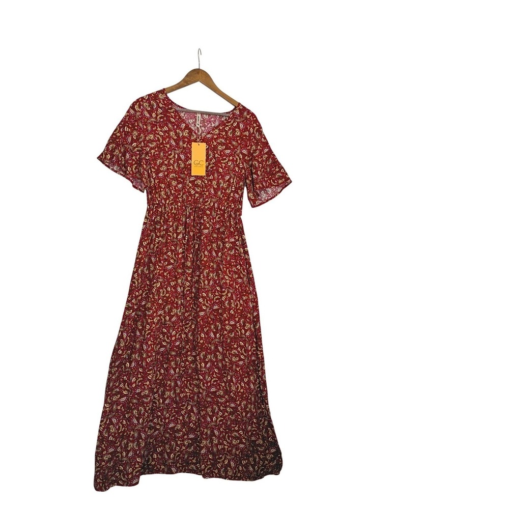 NWT Grecerelle Red Paisley Floral Maxi Dress V-Neck Short Sleeve Elastic Waist M - Picture 3 of 13